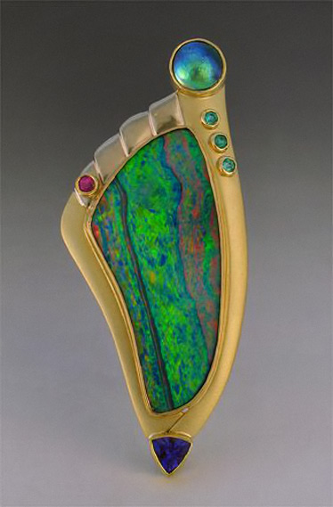 Patrick-Murphy-opal-brooch Opal-pin-with-abalone,-tanzanite,-pariaba,-spinel,-and-diamonds---Patrick-Murphy