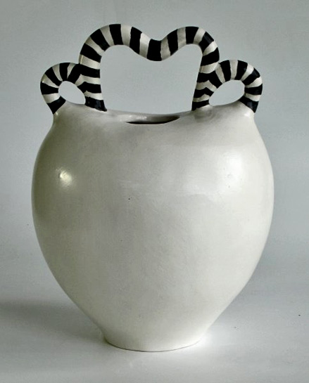 Sally Hook-ceramics- vase with black and white striped handles