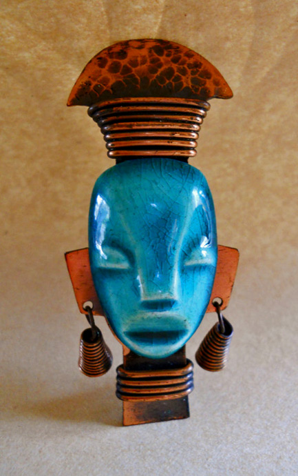 Vintage-Elzac-Brooch-African-Tribe-Head-Copper-CeramicLakeBreezes1950's