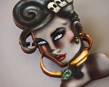 Voodoo-Queen-Laser-Cut-Wood-Brooch wearable art Hungry Designs-etsy