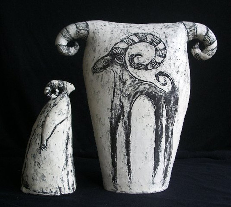 Simpatico-goats-small-50cm-tall-White-Earthenware Coiled, scratched design, black stain, burnished