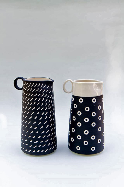 Sylvie Godart - two black and white pitchers with geometric patterns