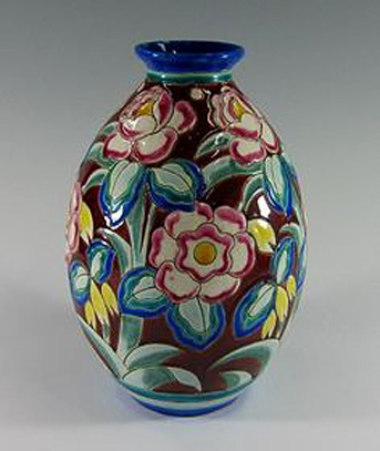 Boch-Frères-Kéramis-ceramic-vase-by-Charles-Catteau-with-hand-painted-floral-decoration-in-bright-blue,-green,-yellow,-red,-and-fuchsia,-ca