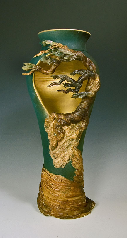 Cypress-Cutout-Pedestal-Vase---Bonnie-Belt in green and gold