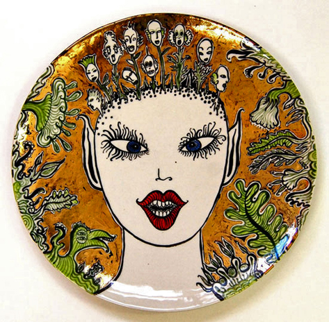Fire-spirit---plate,-earthenware-with-glazes-and-enamels, by Jenny Orchard-27-x-27cm