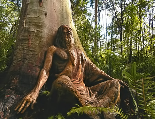 Sculpture of a bearded man beneath a Gumtree meditating