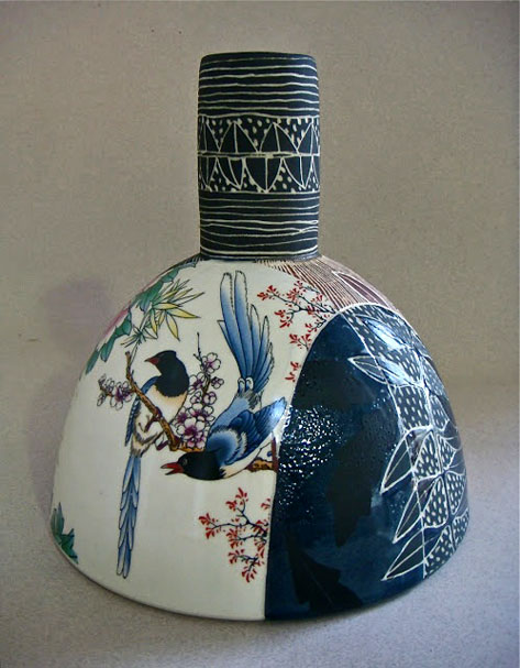 Janet De Boos vase with blue birds