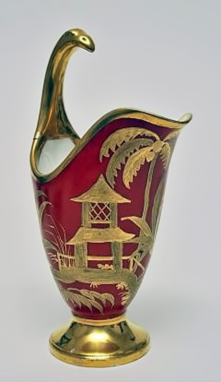 French Porcelain red, gold and lacquer jug with gold pagoda and palm tree