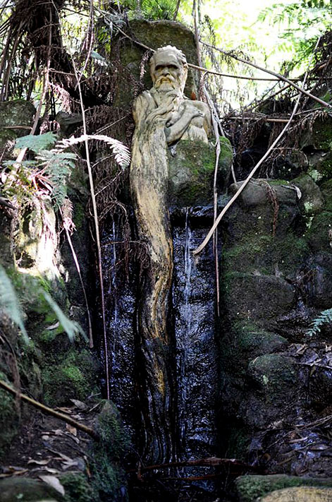 Indigenous Elder waterfall sculpture at Ricketts Sanctuary