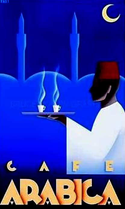 coffee-poster for cafe arabica featuring a Turkish man carrying cups of coffee