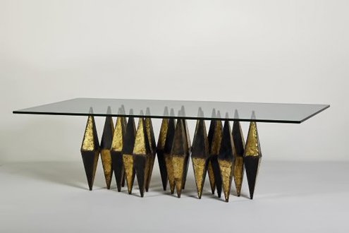 Dining-table,-1970s---Paul-Evans-Sculpted-and-welded-bronze,-sculpted,-welded-and-patinated-steel,-glass