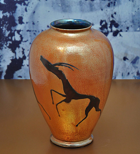 Pietro-Melandri,-orange Vase-with- black gazelles,-First-half-of-the-1930s-Lustre-Majolica-H29cm