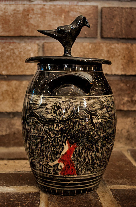 Pot151 - Jean-Marc Fontaine A fox looking at a bird on a branch sgraffito jar decoration