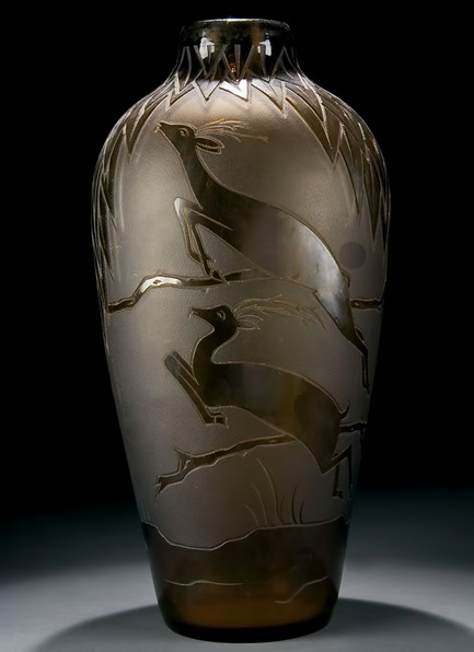 A-FRENCH-ART-DECO-CAMEO-GLASS-FLOOR-VASE-circa-1925,-with-cut-design-of-leaping-gazelles-on-an-acid-finish-ground
