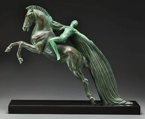 ART-DECO-STYLE-BRONZED-METAL-FEMALE-NUDE-ON-HORSE-BY-C.-CHARLES.-Mid-20th-Century