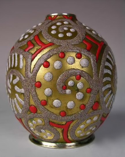 (CAMILLE-FAURE-FRENCH-1874-1956)A-very-large-vaseGeometric-pattern-in-GoldWhiteGrayRed-and-White-enamels