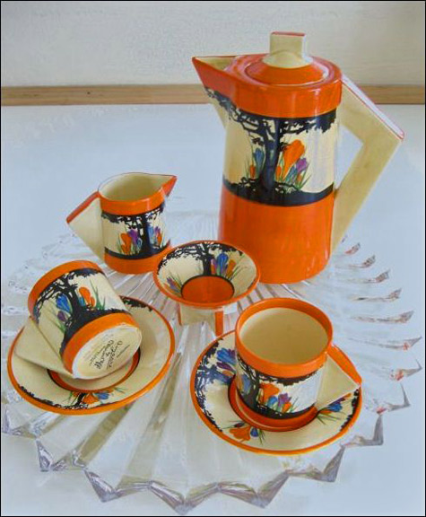 Clarice-Cliff,-Bizarre-ware.-Art-Deco-Tea-Set with angular handles