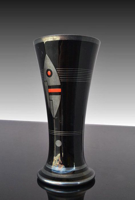 Cubist-art deco vase-by-Hem in black, gold and red