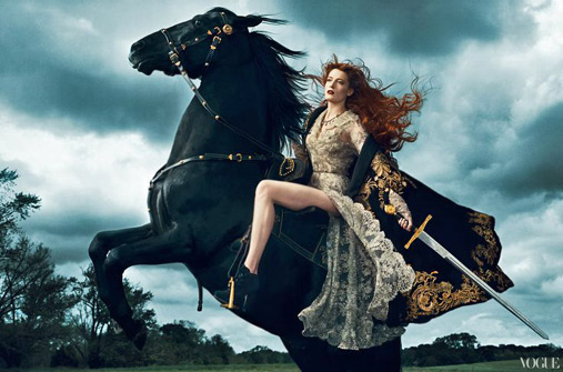 Florence-Welch-of-Florence-+-the-Machine-took-to-her-high-horse-in-New-York-in-August-2012-for-a-special-edition-of-Vogue-Magazine,-..