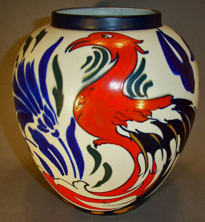Frederick Rhead Art Deco red Phoenix-ovoid vase-for-Wardle,-c 1929