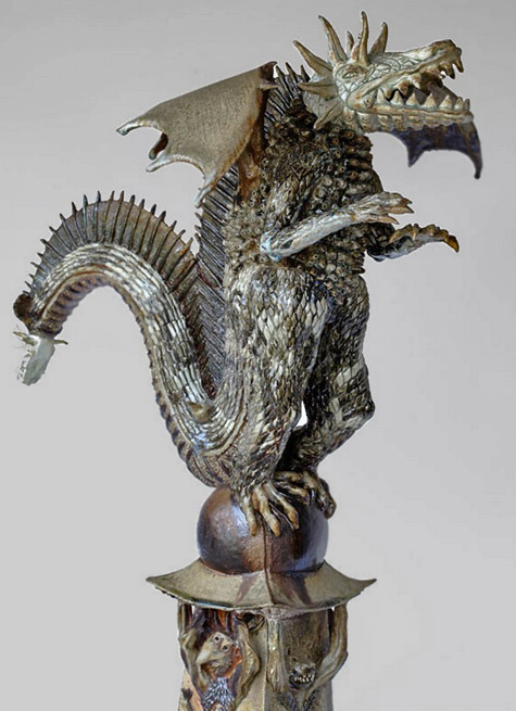 Jean-Luc-Belleville-Pascal-Vangysel Dragon standing on a ball sculpture