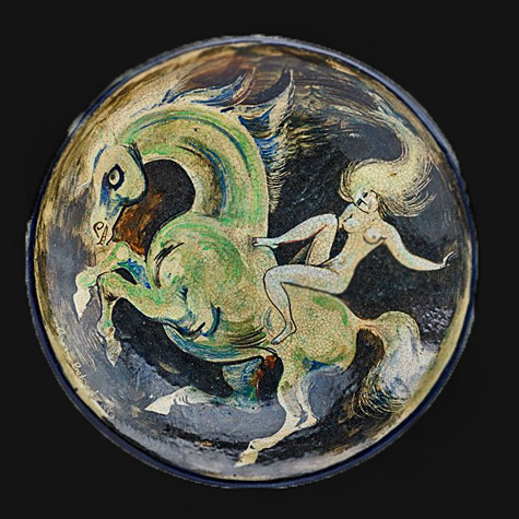 Painted-faience-charger-with-Lady-Godiva,-Wisconsin,-1950-Aaron-Bohrod