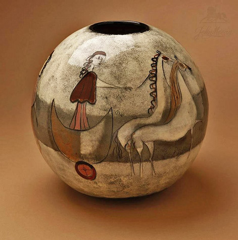 Polia-Pillin-glazed-ceramic-spherical-vase with illustration of a girl in a chariot