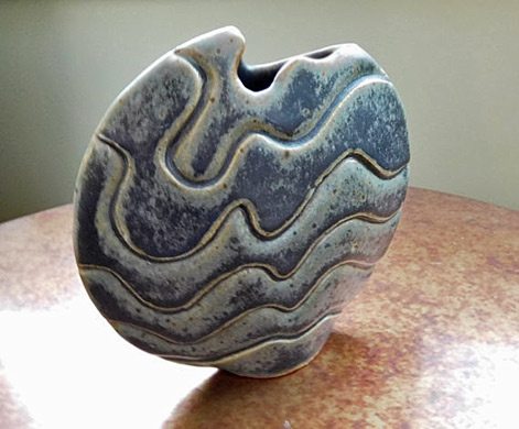 Studio-Art-Pottery-Vase.-Mottled-sage-green-and-black.-No-marks.-Flat.-Slender.-Bud-vase.-Sculptural