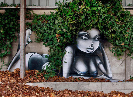 French artist Vinnie-Graffiti reclining girl with wall creeper hair