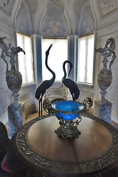 Palace of Pena, Sintra - Art Nouveau bowl, two flamingo sculptures, two ornate pitchers
