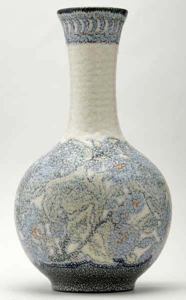 ROOKWOOD-Jewel-Porcelain-tall-bottle-shaped-vase-painted-by-Lorinda-Epply-with-blue-and-green-blossoms-under-thick-ivory-butterfat-glaze,-1928