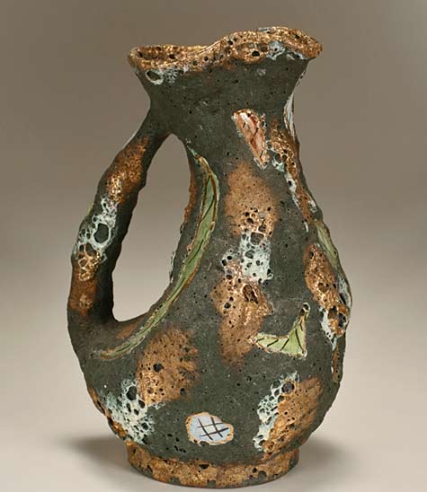 Italian-Midcentury-Modern-pottery-vessel-marked-Italo-Casini;-volcanic-glaze-pottery-pitcher-form-with-green-and-gold-decoration