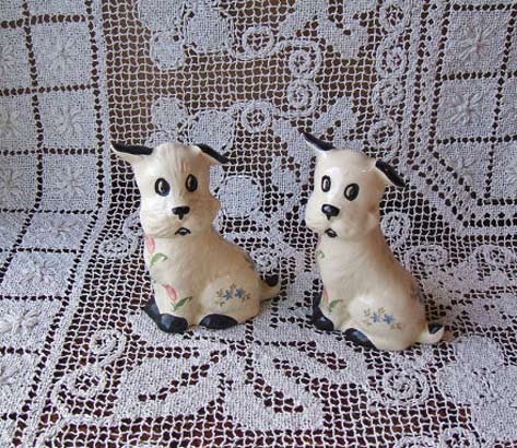Pair-Of-Adorable-Hand-Painted-Ceramic-Dogs-With-Floral-Transferware,-White-Terriers---TheHilltopShop---etsy