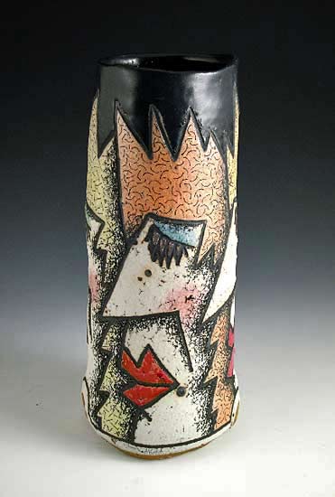 Rimas VisGirda-Tall Black cylinder vase with abstract head motifs