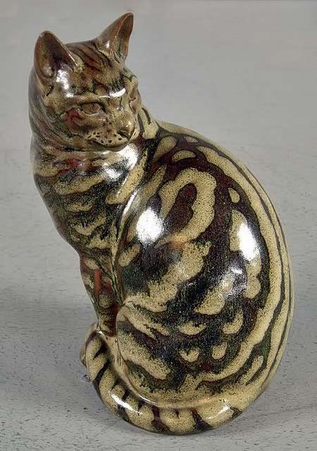 Tabby-cat--ceramic-decorated-with-figured-tenmoku-glaze-to-represent-fur---Charles-Vyse-cat