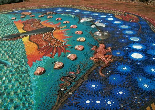 Torquay-Sundial-Bnnjil,-Bindi,-cockatoos lizard mosaic