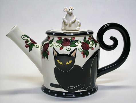 black-cat-teapot with mouse figure lid-april-gadler-ceramics