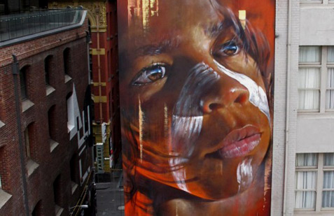 indiginous-face-street-mural Melbourne by Matt Adnate