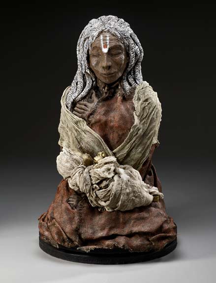 Kat-McIver-mix-media-sculpture Ancient-Consecration-Kat-McIver seated mystic sculpture - white raku clay