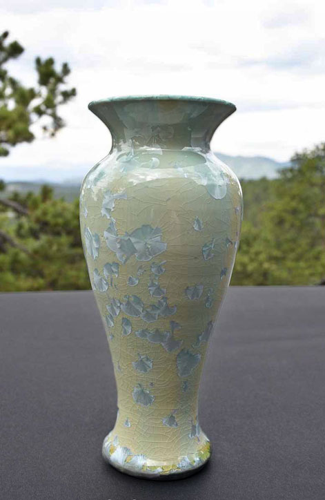 CELERY,-YELLOW-WITH-LIGHT-BLUE-CRYSTALS-CRYSTALLINE-GLAZE-VASE-8inchesUwharrie Crystalline Pottery