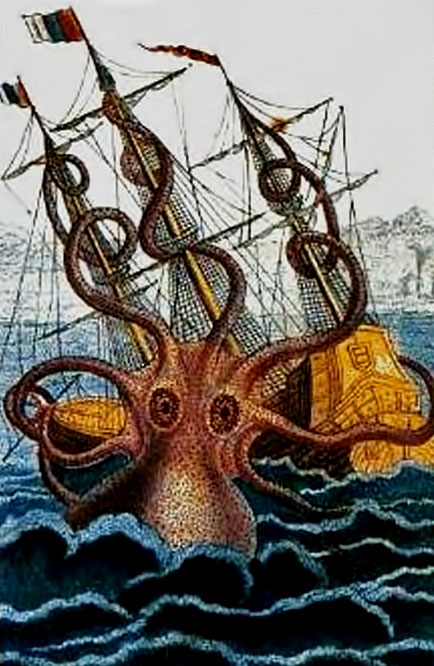 Colossal octopus by Pierre Denys de Montfort---19th-Century-drawing-depicting-a-ship-reportedly-attacked-by-a-kraken-off-the-coast-of-Angola--