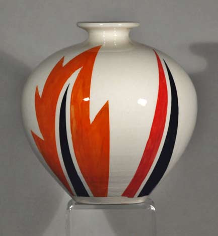 Echo-of-Deco-Art-Deco-Inspired-Hand-Thrown-&-Hand-Painted-Abstract-Design-baluster-Vase in orange, balck and white