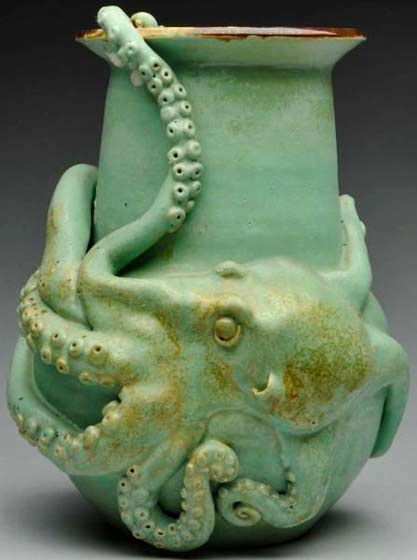 Moss Green-octopus-vase with gold highlights by Tracy Porter