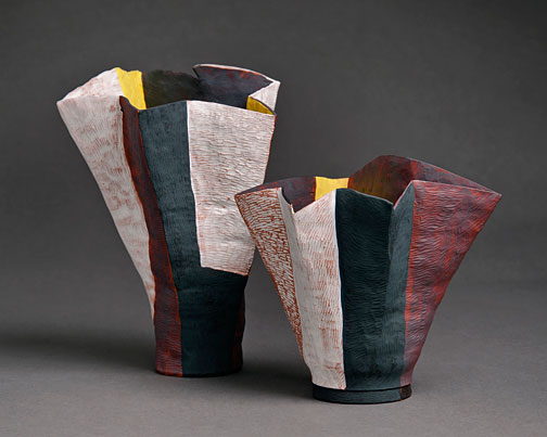 Helen_FullerHELEN-FULLER-Pleated-Bells,-2013-Hand-built-terracotta-coil-pots,-oxides,-white-slip