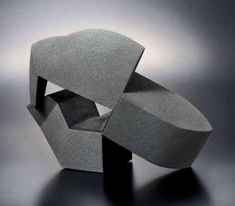 Interconnection-’15-3;-standing-geometric-connected-sculpture-and-spray-glazed-in-matte-blackish-brown by Fujino Sachiko