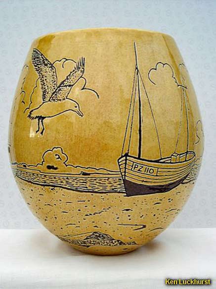 Ken-Luckhurst ceramic vase with boat and seagull illustration