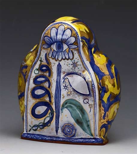 Liz-Quackenbush-2012 ceramic sculpture with snake and botanical motifs