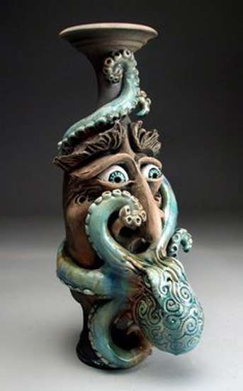 Octopus-Kissing-Face-JUG---Pottery---Raku---Folk-ART-Sculpture-BY-Mitchell-Grafton