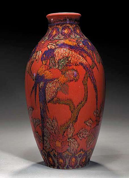 rookwood-pottery-cincinatti-glaze-decorated-vase-by-edward-timothy-hurley-1928 twin parrots motif vase