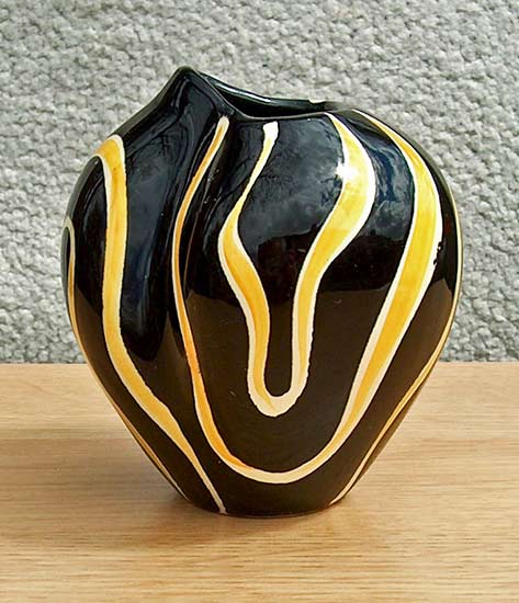 Schmider-Tigris modernist black vase with yellow wavey lines